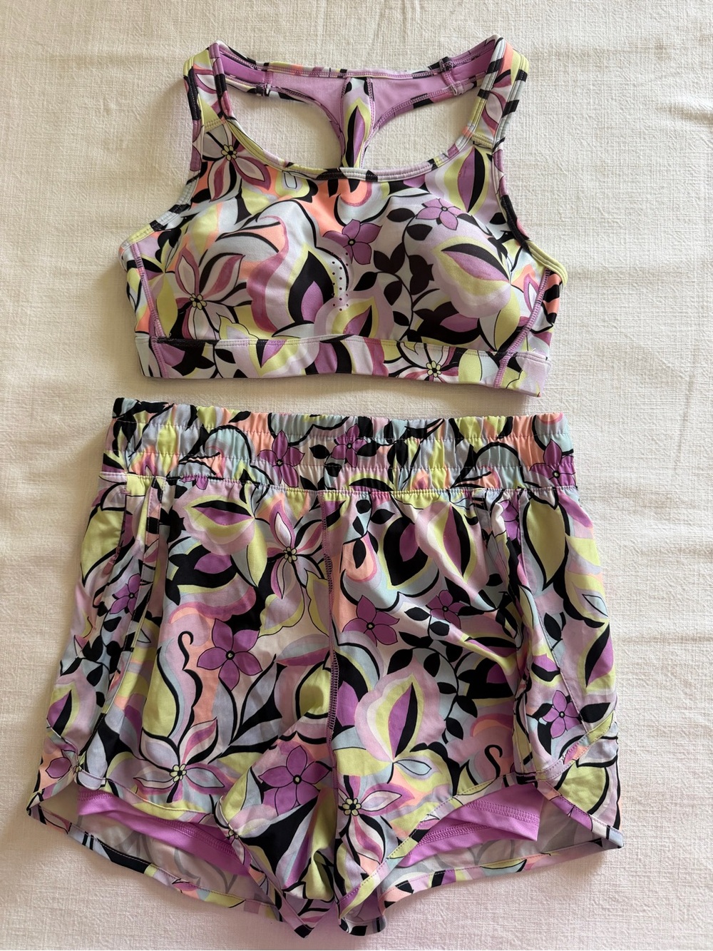 Avia Women’s Abstract Purple Floral  Sports Bra & Shorts Set